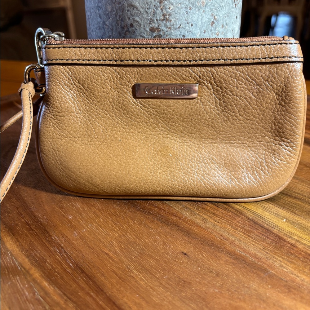 Calvin Klein Tan Leather Clutch with Structured Design